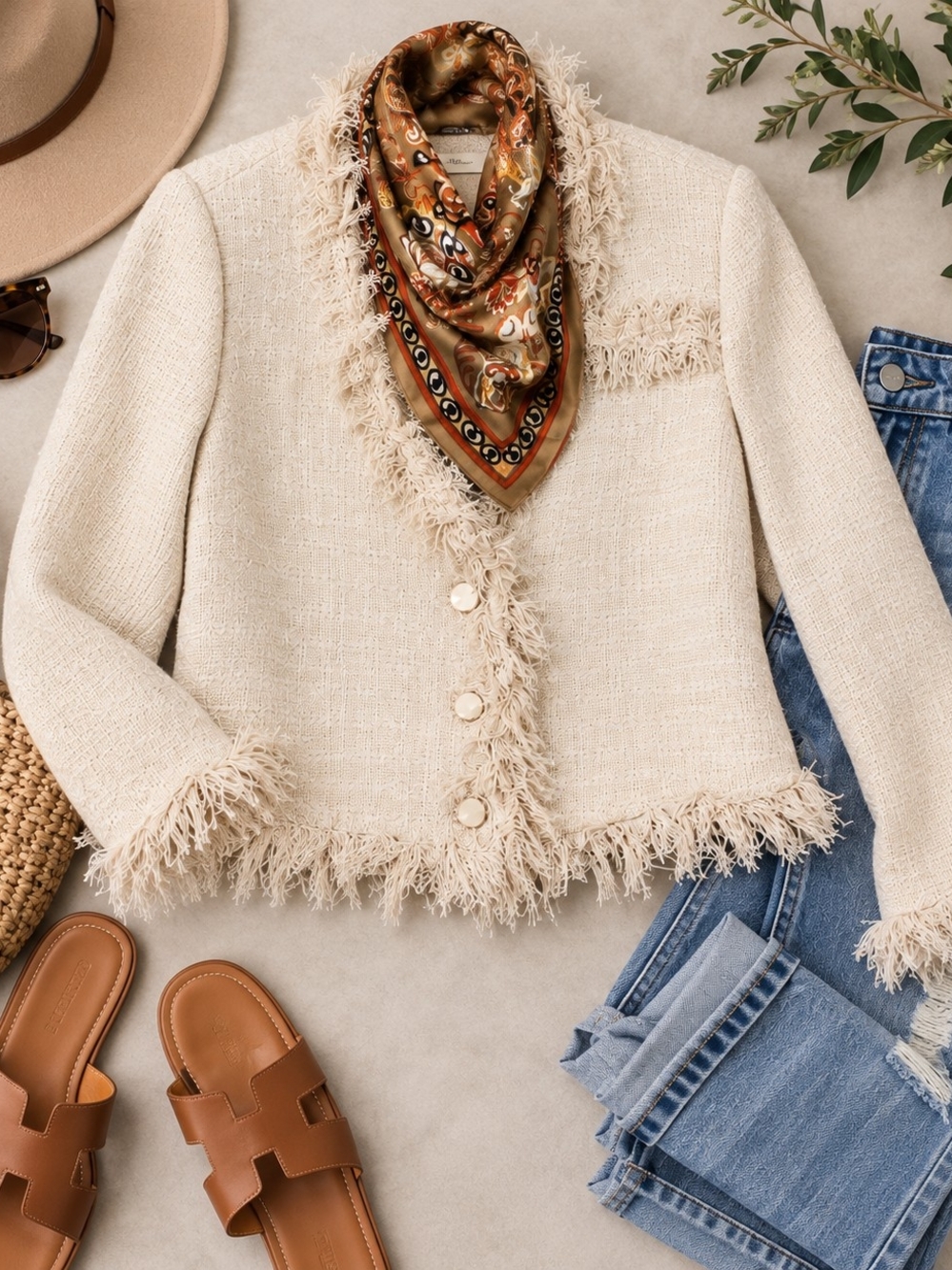 WD.NY Cream Fringe Tweed Blazer with Button Front